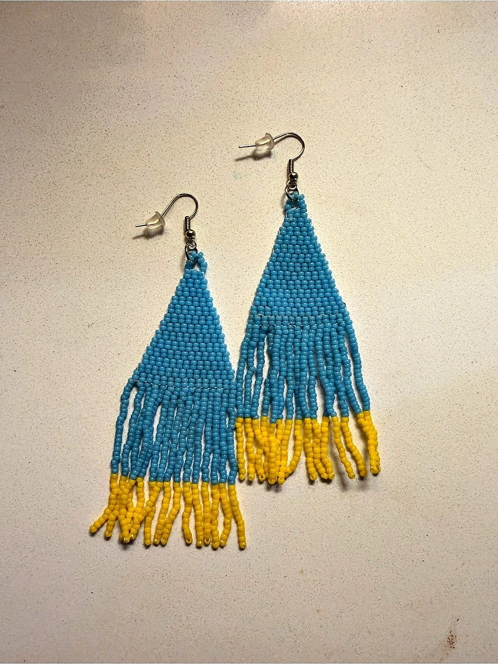 Handmade Beaded Fringe Earrings in Blue & Yellow